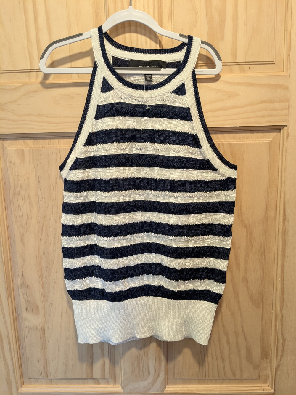 White House Black Market Navy and White Striped Crewneck Tank